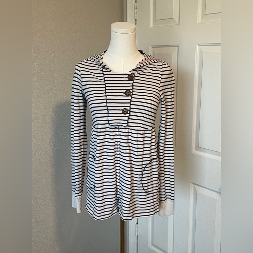 Navy Striped Hooded Top with Floral Accents